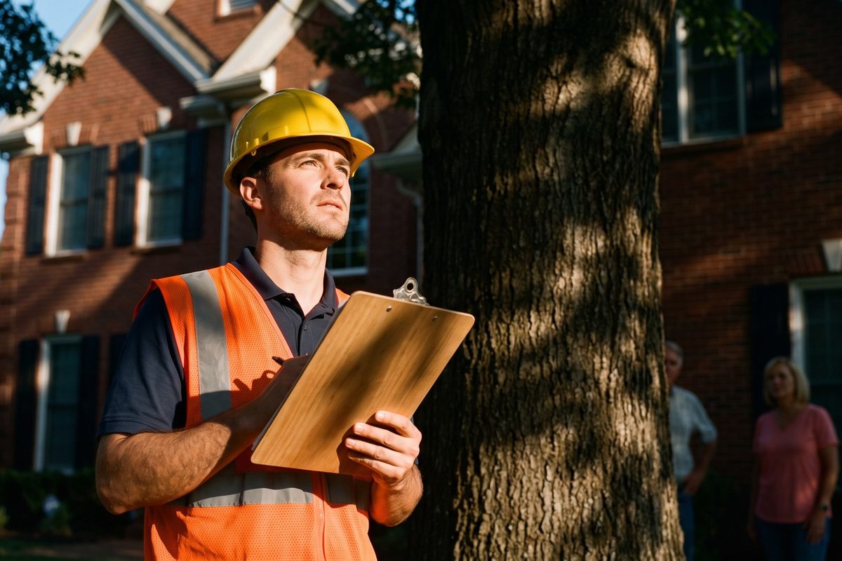 Estimator with a clipboard assessing a large oak beside a brick house